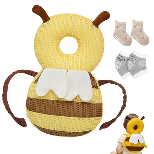 Baby Head Protection Backpack Fall Back Head Protector Adjustable Toddlers Head Safety Pad with Baby Knee Pads (Yellow Bee)